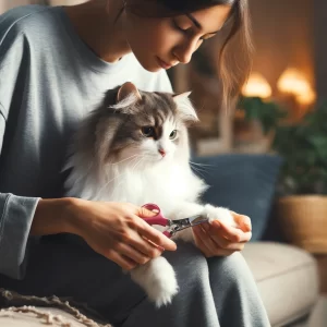 Person trimming a cats nails.