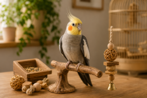 Colorful pet bird perched comfortably with bird supplies nearby
