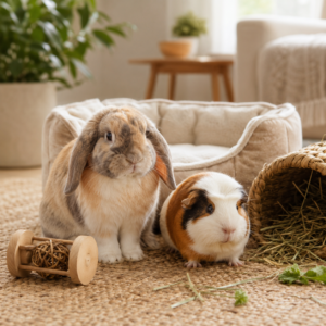 Rabbit and guinea pig relaxing with small-pet supplies nearby