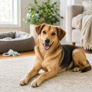 Happy dog relaxing at home with pet supplies nearby