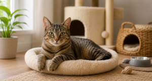 Comfortable cat relaxing at home with pet supplies nearby