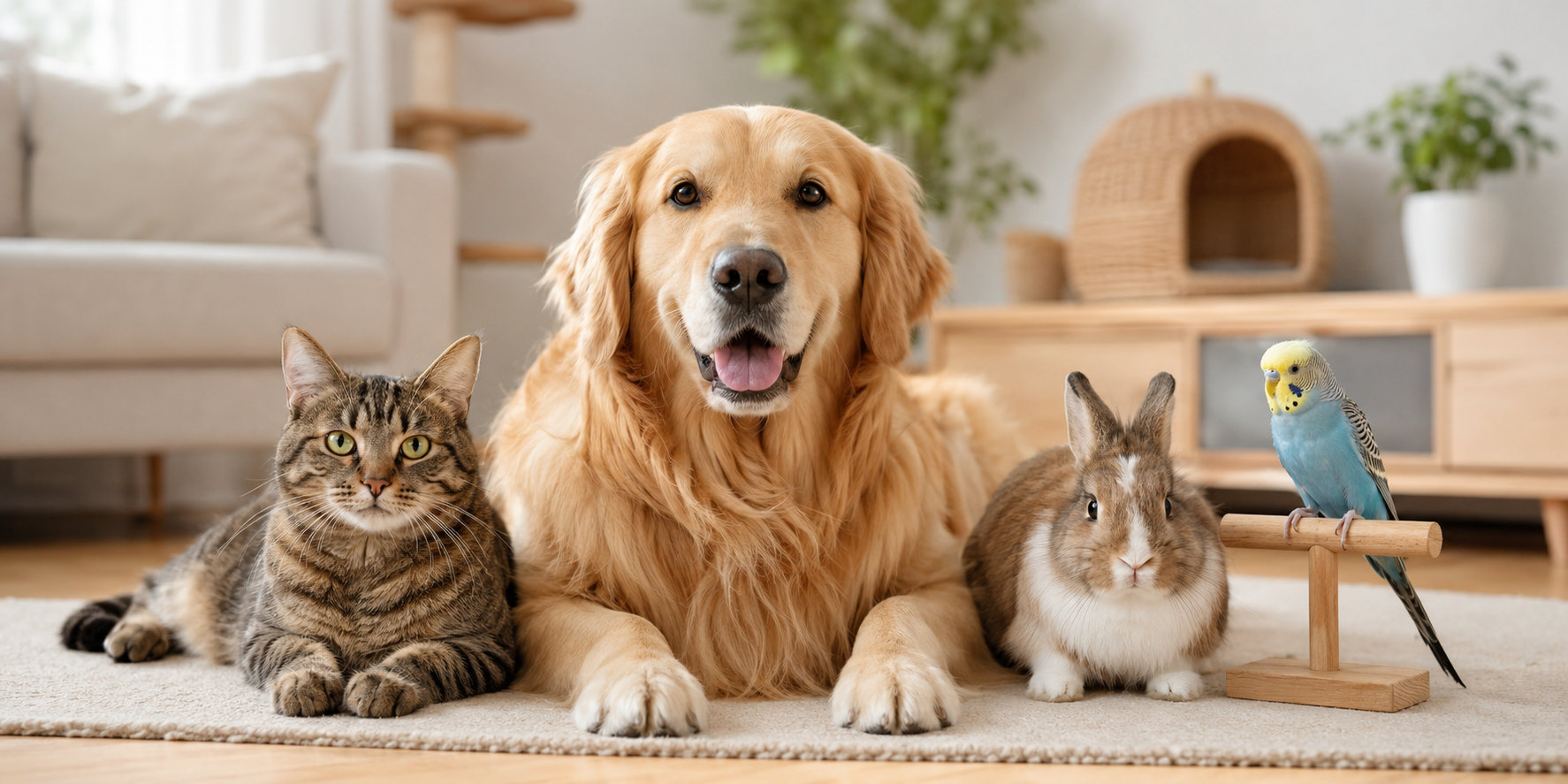 Dog, cat, bird, and small pet together in a comfortable home