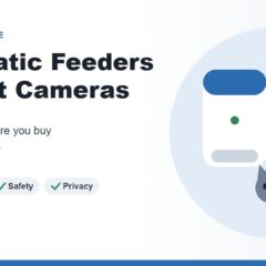 Illustration of an automatic pet feeder, a pet camera, and a cat