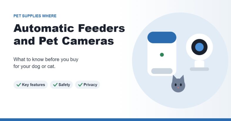 Illustration of an automatic pet feeder, a pet camera, and a cat